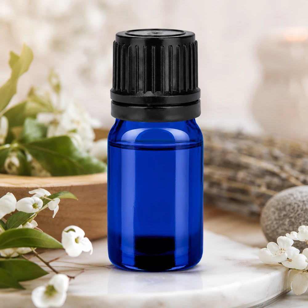 Praktische 5ml Laborflasche aus blauem Glas mit kindersicherem schwarzem Schraubverschluss