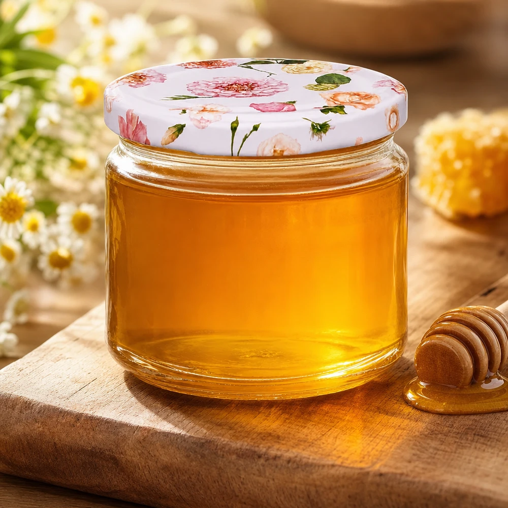 330ml Rundglas rosa Blütenmuster mit Honig befüllt Holzlöffel Marmeladenglas Imkerei Süßspeisen Küchendeko