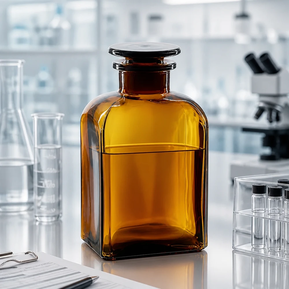 Vierkantflasche 500ml braun Weithals Glasstopfen Braune Glasflasche 500ml mit Weithals für einfaches Befüllen und Entleeren im Labor