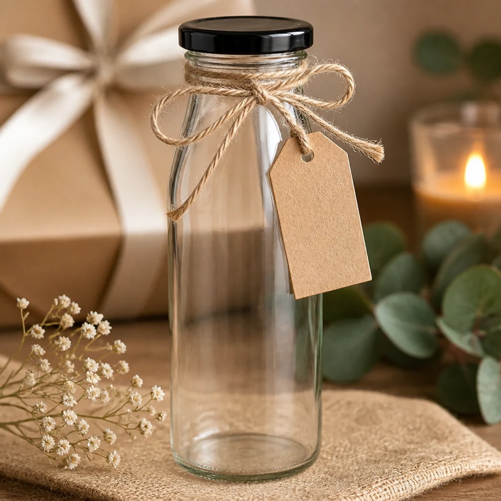500ml Glasflasche + BasicSeal Deckel schwarz UNiTWIST 500ml Glasflasche mit schwarzem Deckel als Geschenk dekoriert mit Juteschnur und Geschenkanhänger rustikal
