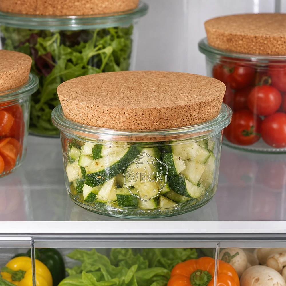 165ml Sturzglas WECK RR80 mit Korken natur WECK Glas 165ml RR80 Korkdeckel Kühlschrank Gemüse Gurken Tomaten Salat frische Aufbewahrung Meal Prep