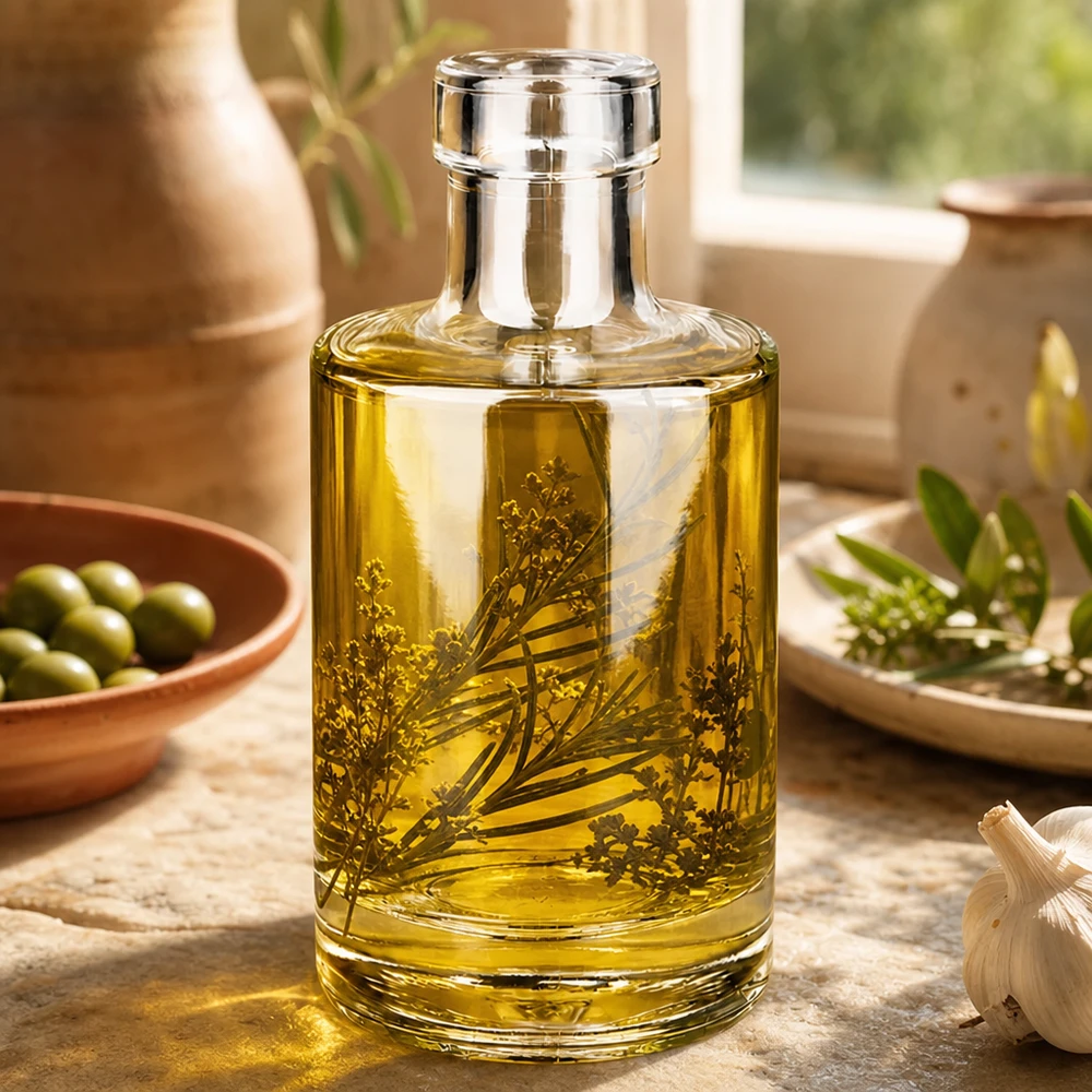 200ml Glasflasche "Marie" ohne Verschluss UNiTWIST Glasflasche Marie 200ml mit Kräuteröl befüllt Anwendungsbeispiel Küche mediterrane Dekoration Lifestyle