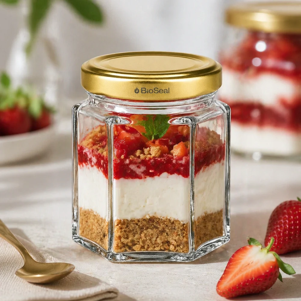BioSeal 60g Honigglas mit Schichtdessert Erdbeer-Cheesecake gefüllt neben goldenen Löffel und frischen Erdbeeren