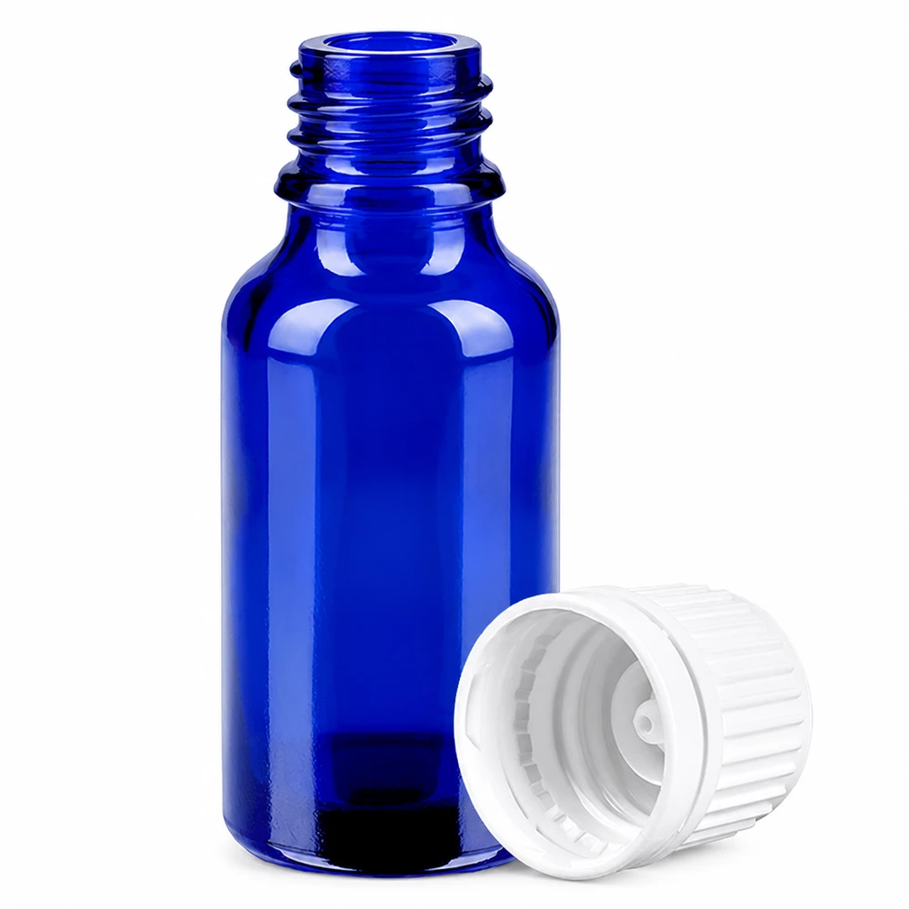 20ml Flasche 11mm Schraubverschluss weiß Originalitätsverschluss BlueLine UT18/20 Apotheken-Flasche 20ml in pharmazeutischem Blau mit weißem Sicherheitsverschluss für Medikamente