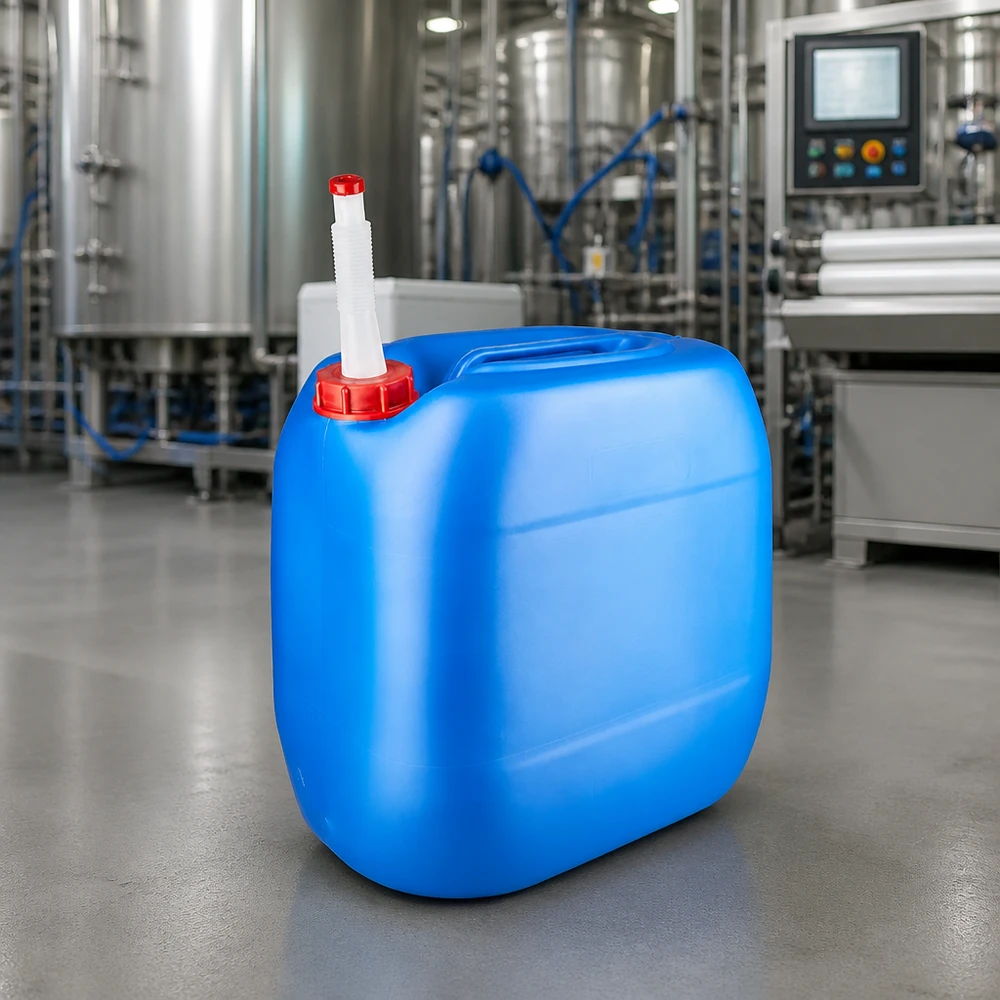 Stapelbarer Flüssigkeitskanister 30 Liter blau mit flexiblem Ausgießrohr für Chemikalien