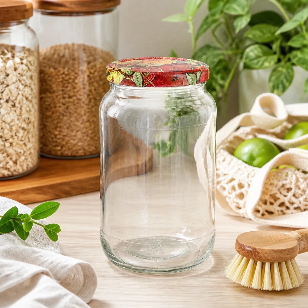 1062ml Rundglas BasicSeal Deckel Obst-Dekor Küche nachhaltig Zero Waste Aufbewahrung Getreide Gemüse Holzbürste