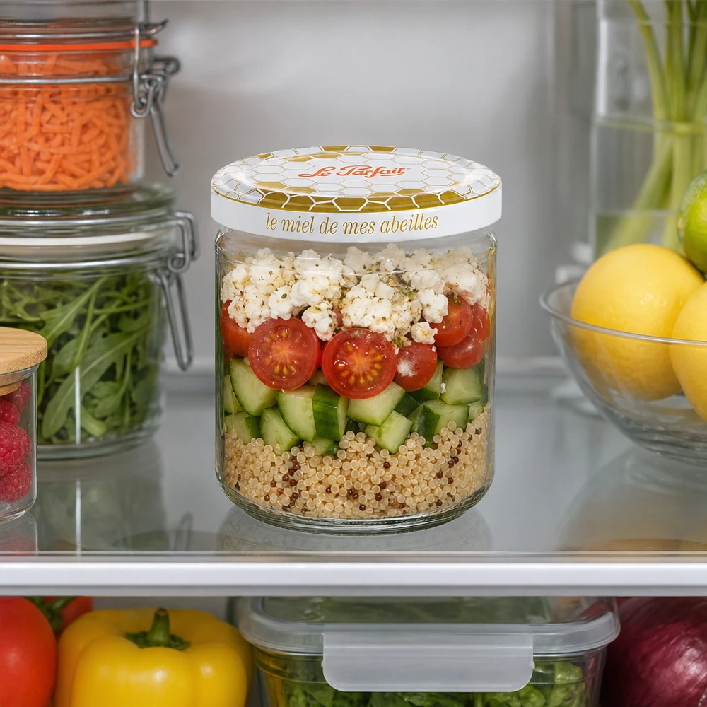 Le Parfait Honey Vorratsglas 212ml mit Schichtsalat aus Quinoa Gurken Tomaten und Feta im Kühlschrank