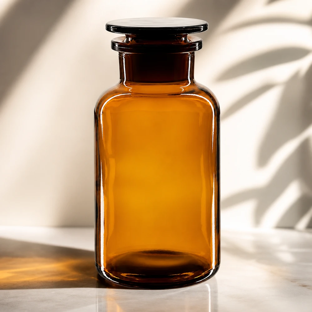 500ml Braunglasflasche mit Weithals Rundschulterdesign und aufgesetztem Glasstopfen