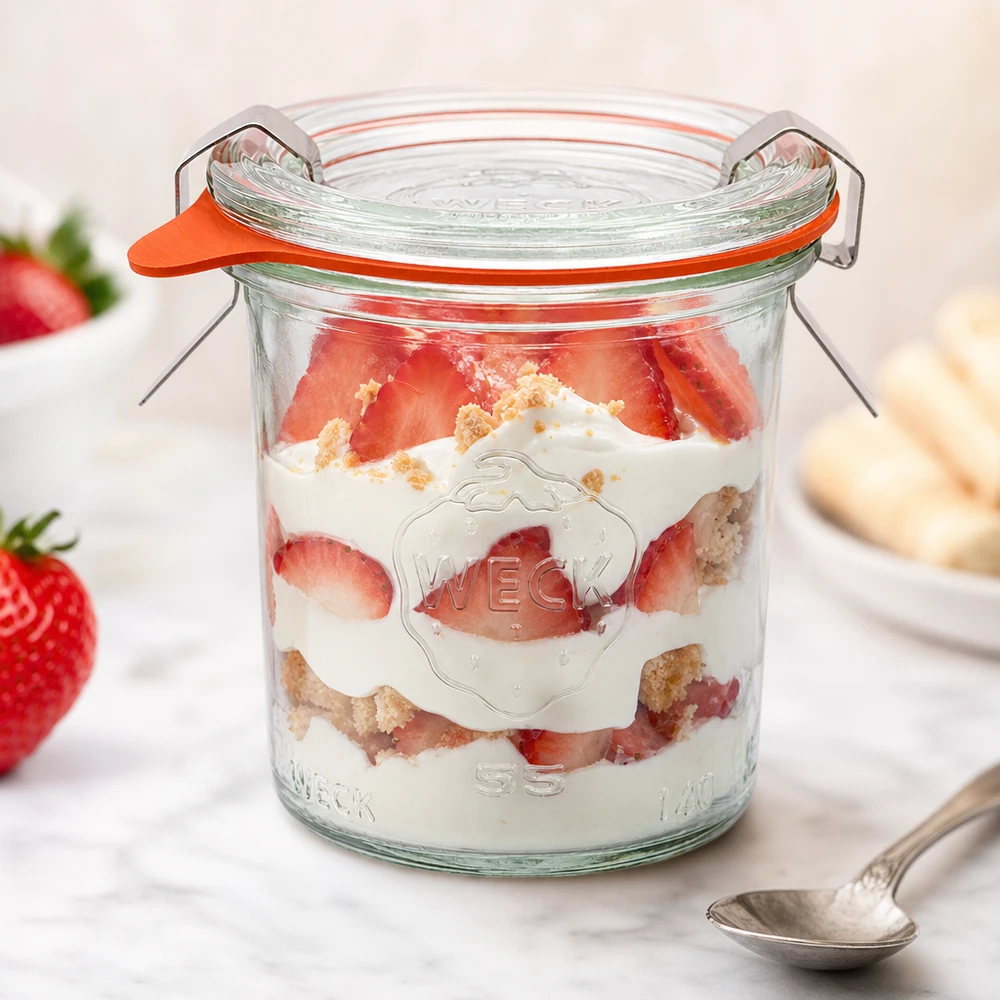 WECK Sturzglas 140ml RR60 mit Erdbeer-Sahne-Dessert gefüllt als Portionsglas mit frischen Erdbeeren und Kekskrümeln