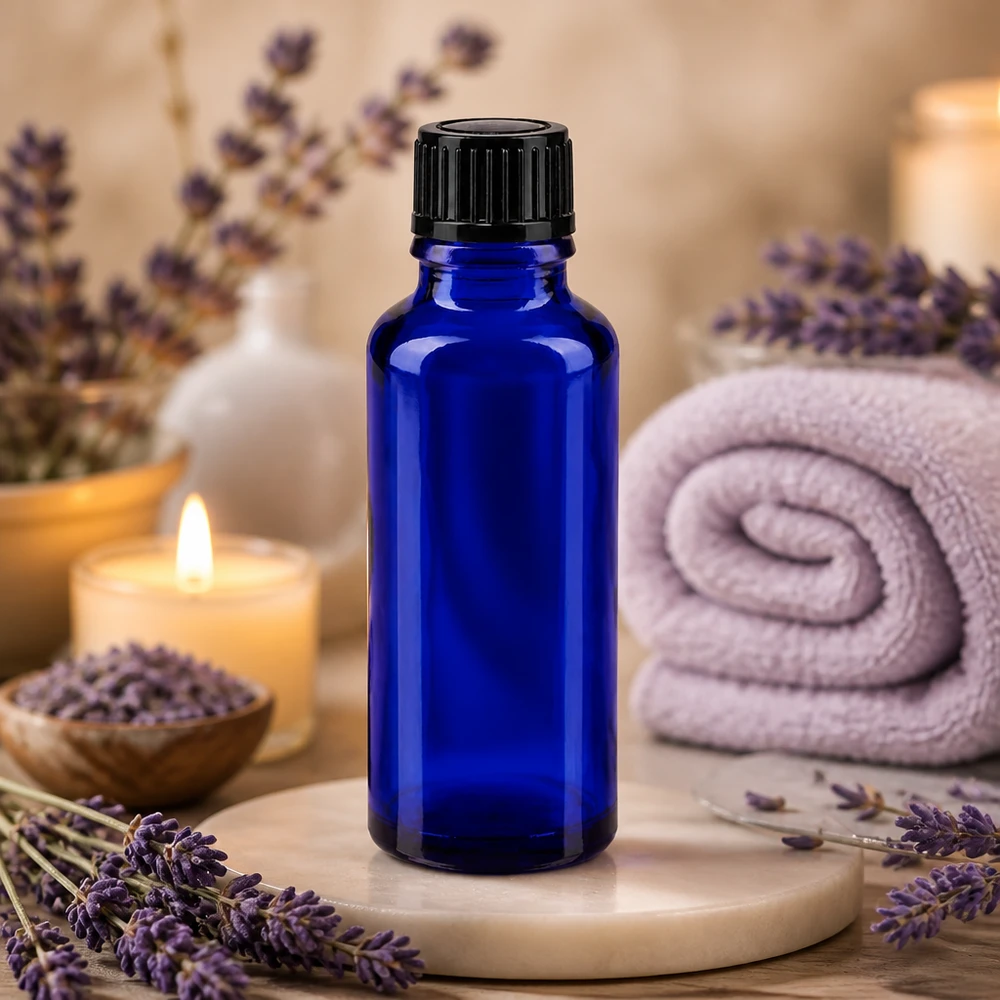 Apothekerflasche 30ml Blauglas mit 1mm Tropföffnung und schwarzem Standardverschluss
