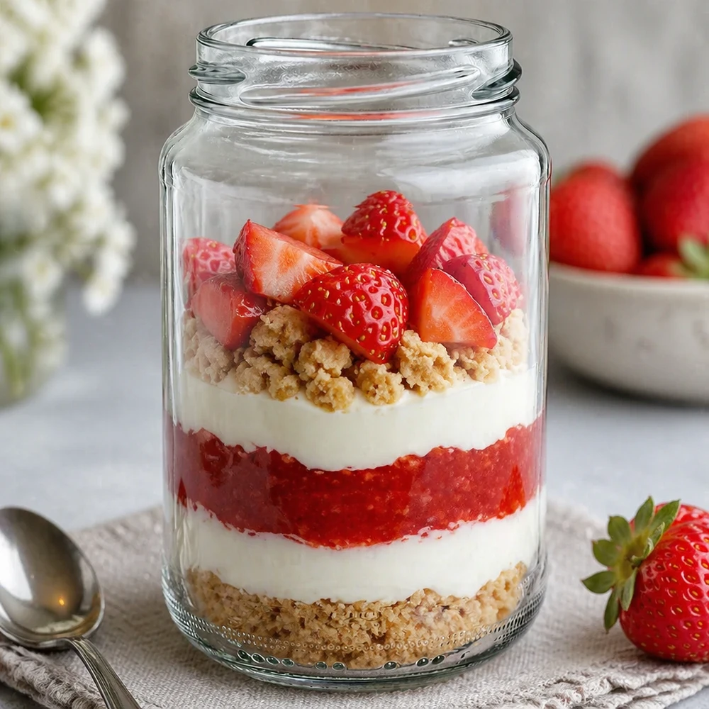 375ml Rundglas ohne Deckel (TO63) UNiTWIST UNiTWIST Runda375 Rundglas 375ml als Dessertglas mit Schichtdessert Erdbeeren Sahne und Streuseln dekorativ serviert