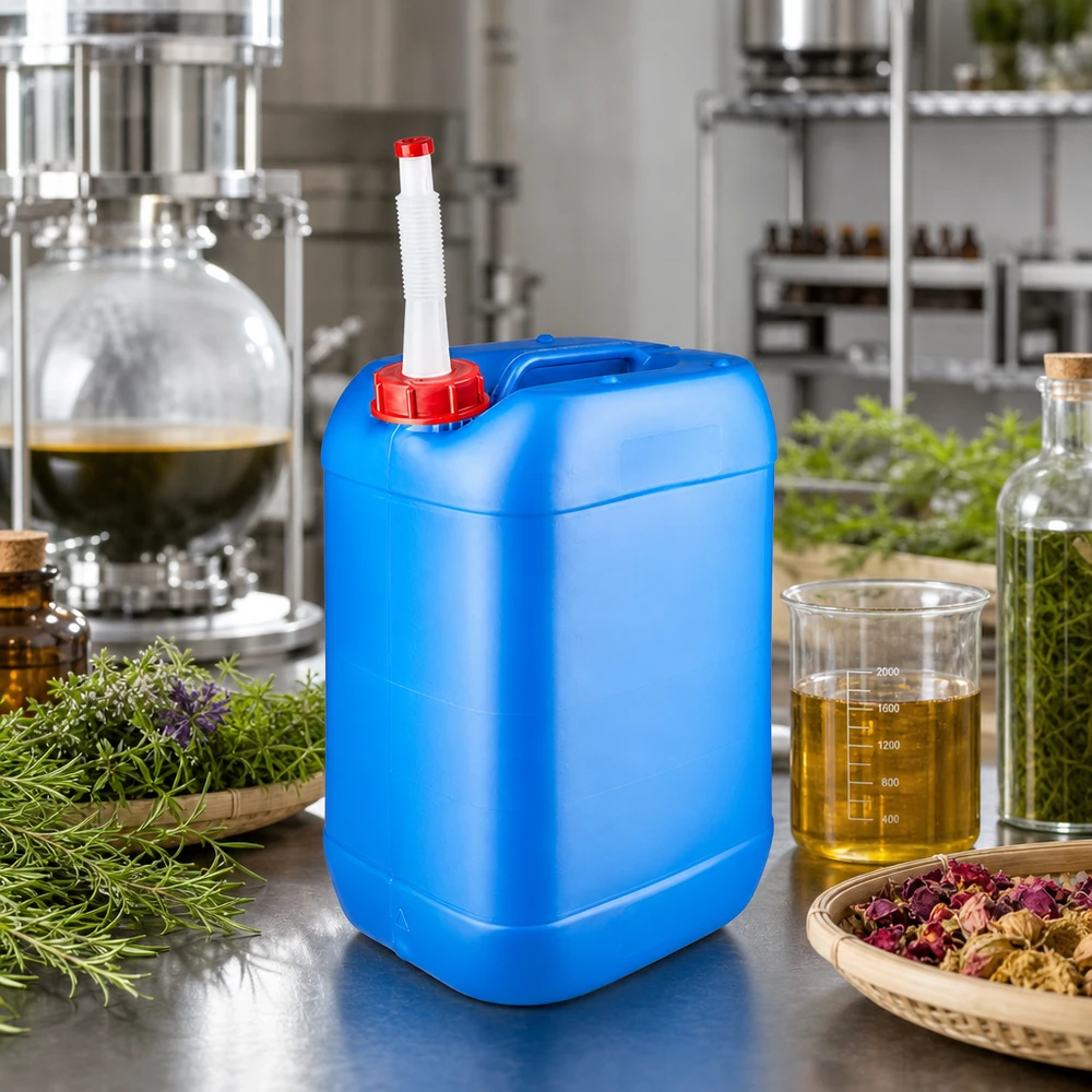 Robuster Flüssigkeitsbehälter 25 Liter blau mit biegsamem Ausgießrohr und Griffmulde