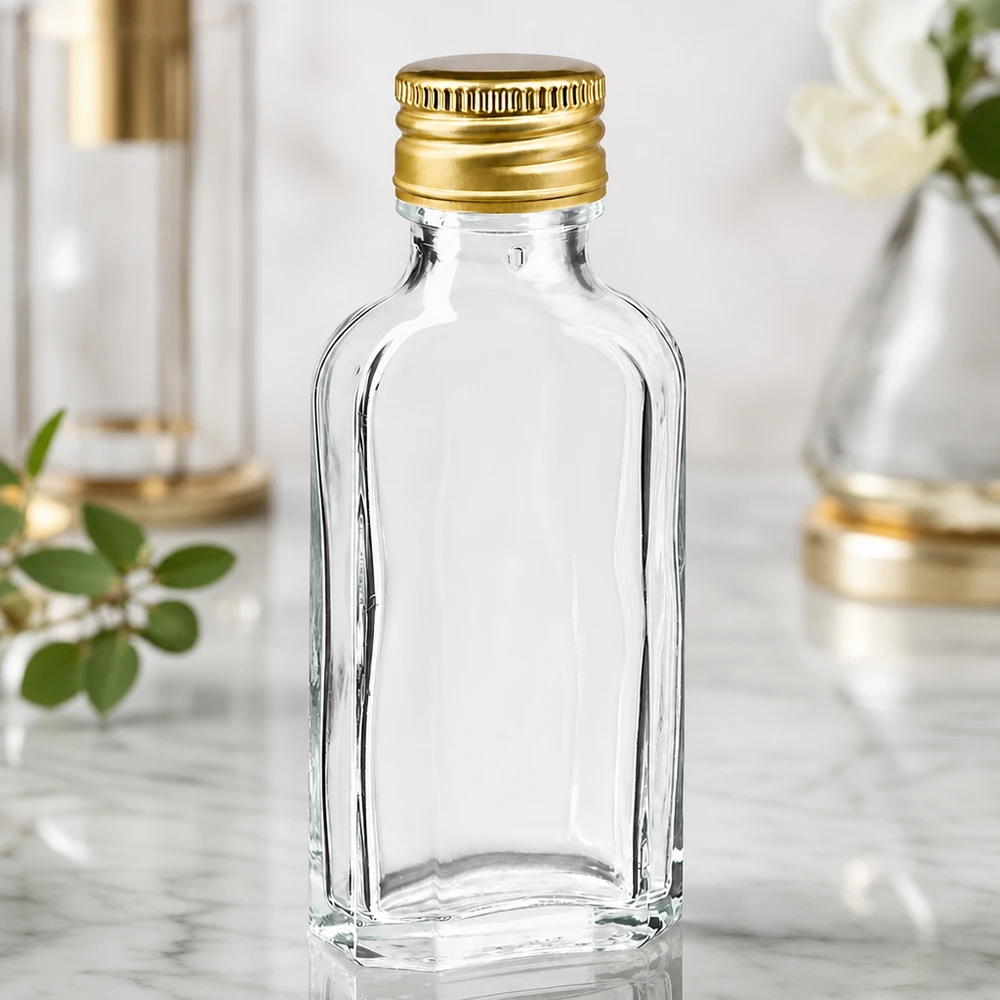 50 ml Meplat klar mit Alu Verschluss gold PP22 Rechteckige 50ml Glasflasche Meplat transparent mit goldfarbenem Aluverschluss PP22