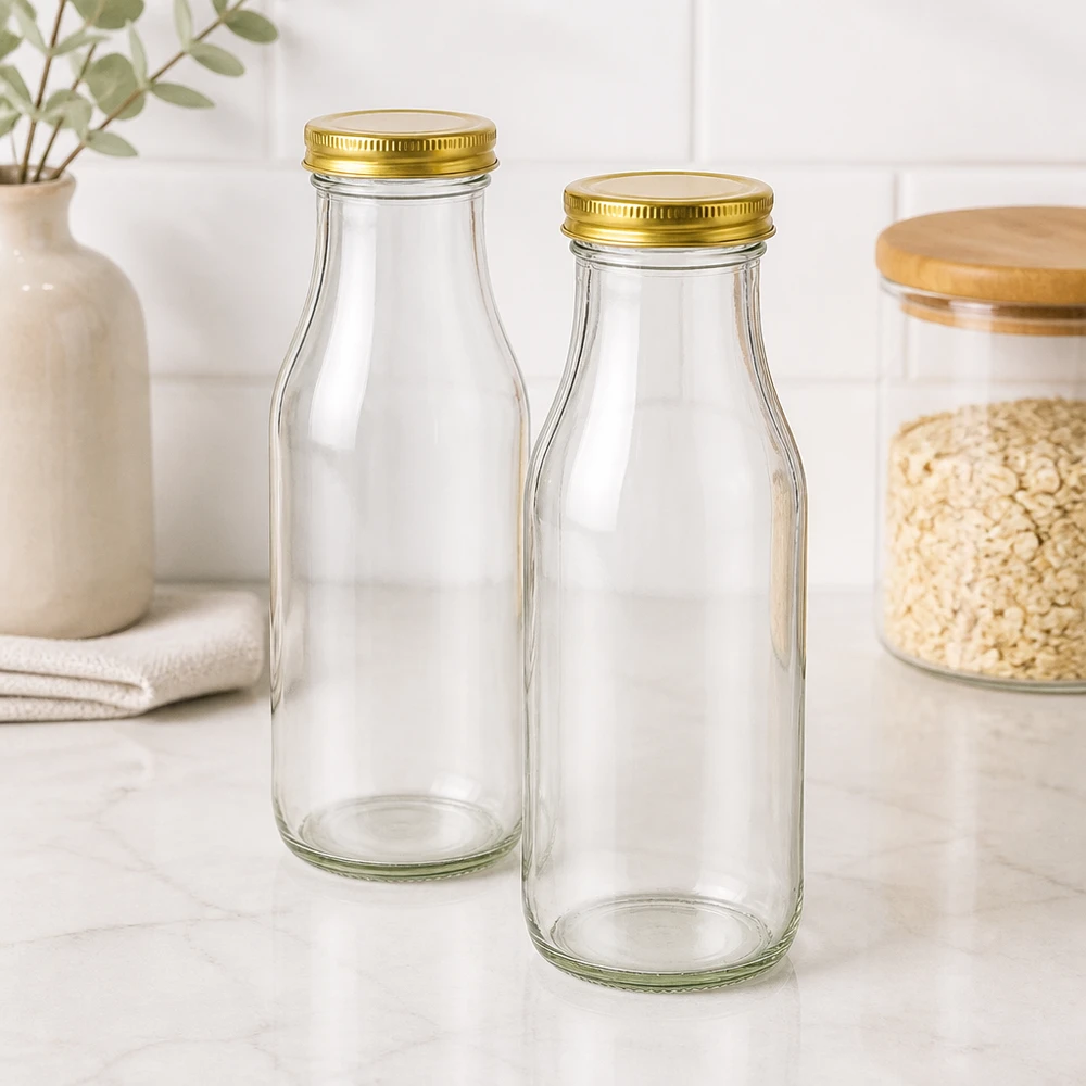Zwei UNiTWIST Bottle263 Glasflaschen mit goldenen TO43 BioSeal Deckeln in moderner Küche neben Haferflocken-Vorratsglas