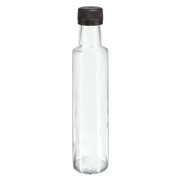 250ml Schraubflasche rund glasklar mit schwarz Verschluss