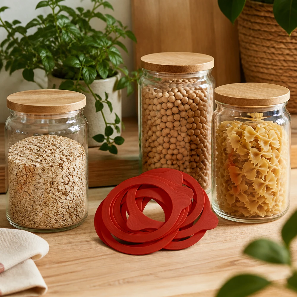 Einkochring Naturgummi RR100 Rote Einkochringe RR100 Naturgummi vor Vorratsgläsern mit Pasta Hülsenfrüchten Haferflocken Küchendeko