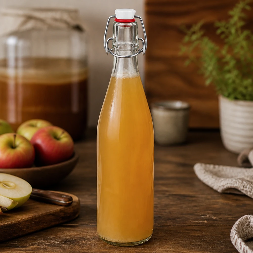 500ml Glasflasche und Bügelverschluss Porzellan UNiTWIST Glasflasche 500ml mit Bügelverschluss gefüllt mit Apfelsaft in rustikaler Küche neben frischen Äpfeln auf Holzbrett