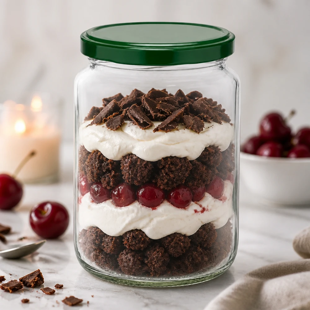 795ml UNiTWIST Rundglas mit grünem BasicSeal Deckel gefüllt mit Schichtdessert aus Schokolade, Sahne und Kirschen