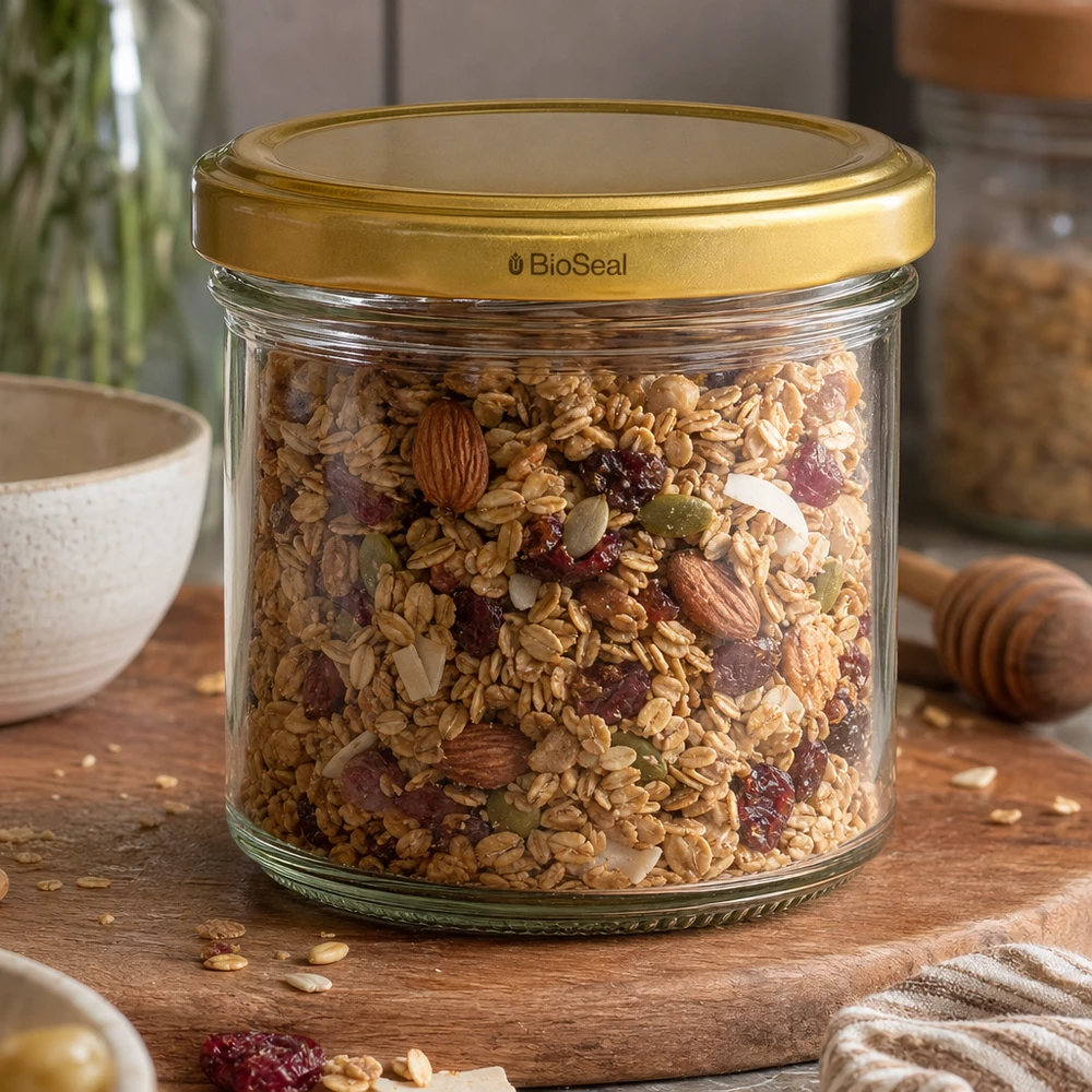 125ml Sturzglas mit BioSeal Deckel gold UNiTWIST UNiTWIST 125ml Vorratsglas mit Müsli und Nüssen - goldener TO66 Deckel für luftdichte Aufbewahrung von Granola