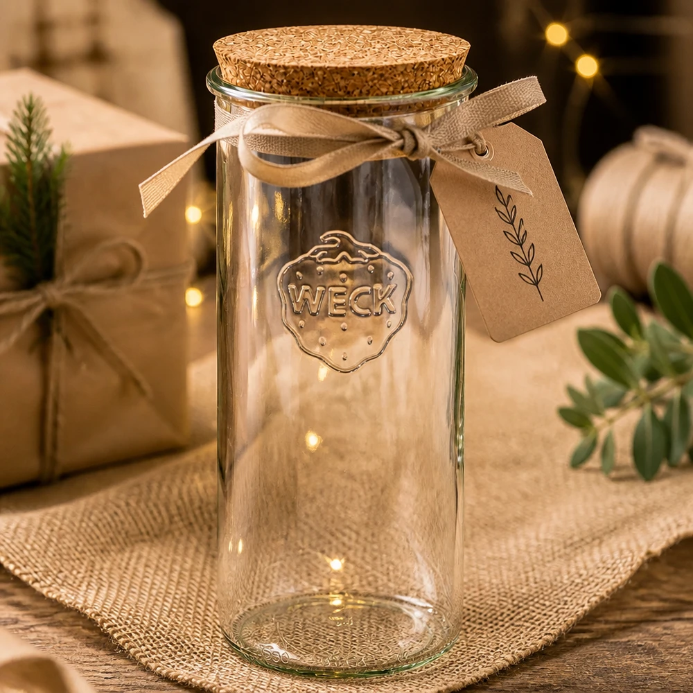 WECK Sturzglas 1500ml RR100 leer mit Korken Geschenkverpackung braunes Band Etikett Weihnachtsdeko