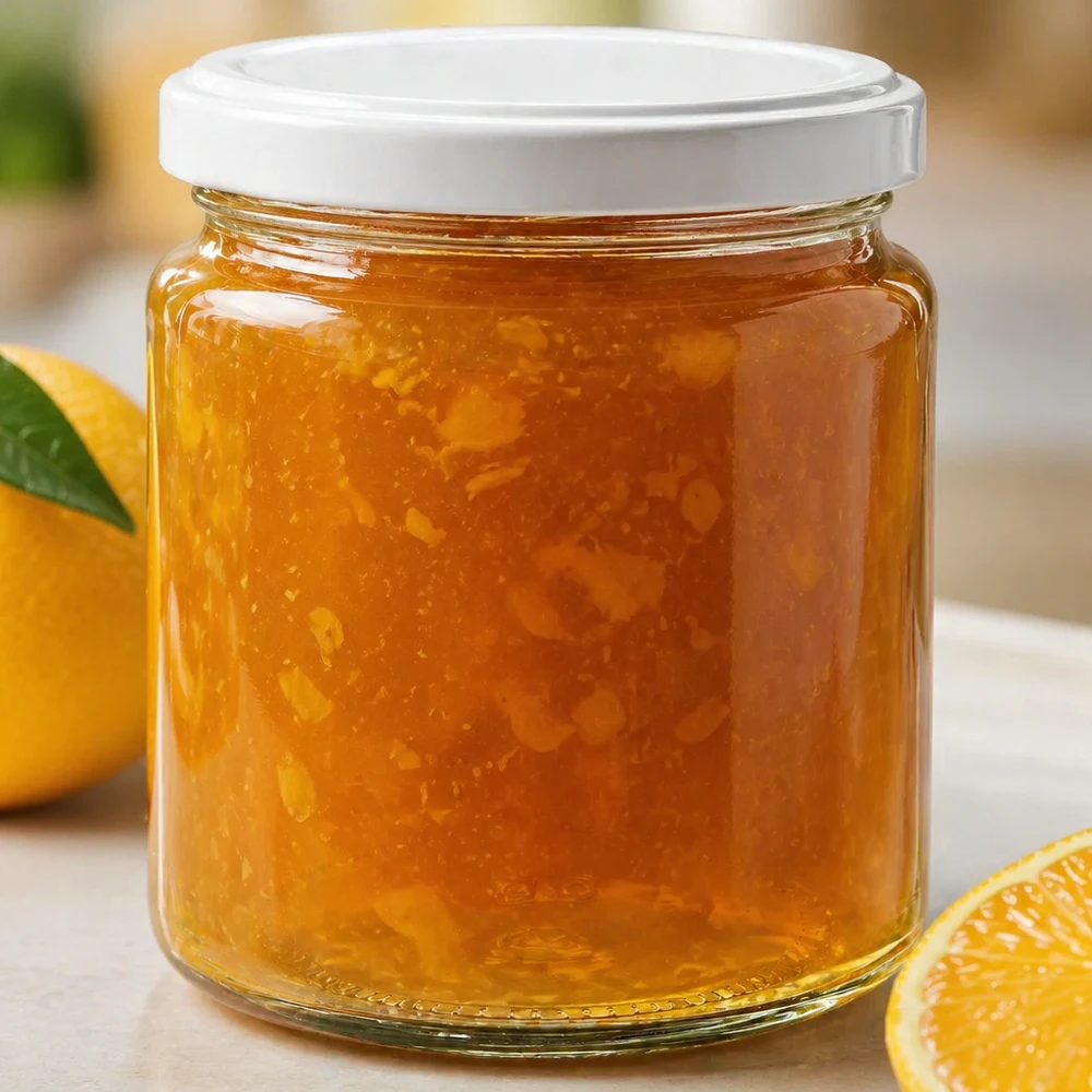 250ml Honigglas gefüllt mit goldenem Honig und weißem UNiTWIST Deckel neben frischen Orangen auf Küchentisch