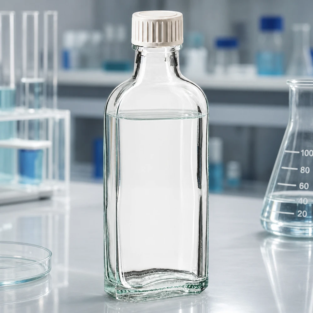 Transparente Meplat Flasche mit weißem Schraubdeckel und PE-Dichtung im Laborbereich