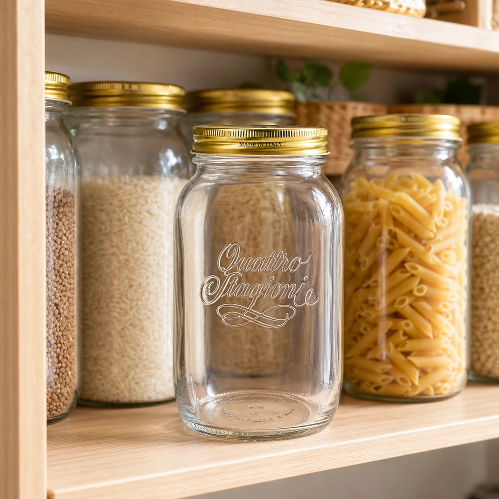 1500ml Rundglas "Quattro Stagioni" mit Deckel Quattro Stagioni 1500ml Rundglas leer in Vorratsregal mit Pasta Reis Linsen gefüllte Einmachgläser Küchensystem