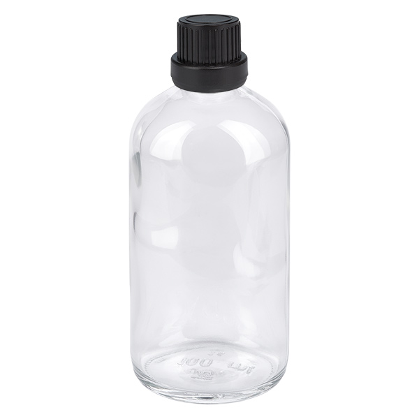 100ml Tropfflasche 2mm schwarz Originalitätsverschluss ClearLine UT18/100 Pharmazeutische Klarglas Tropfflasche 100ml schwarzer OV-Verschluss 2mm Einsatz ClearLine