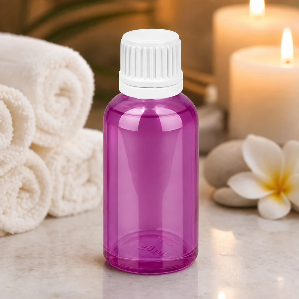30ml Flasche in stilvollem Violett mit weißem Schraubdeckel für Massage und Entspannungsöle